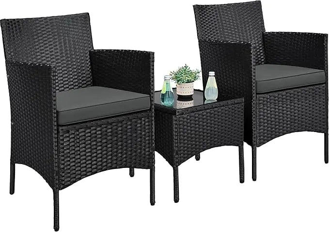 3 Pieces Patio Porch Furniture Set, Outdoor PE Rattan Wicker Conversation Set with Soft Cushions, Glass Coffee Table