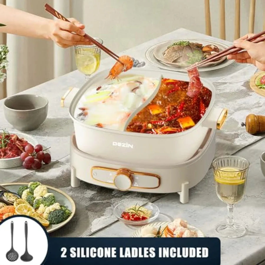 Electric Pot 5.5L Double-Flavor Removable Non-Stick Dual Sided Cooker 3" Depth Divided Pot with Multi-Power Controls