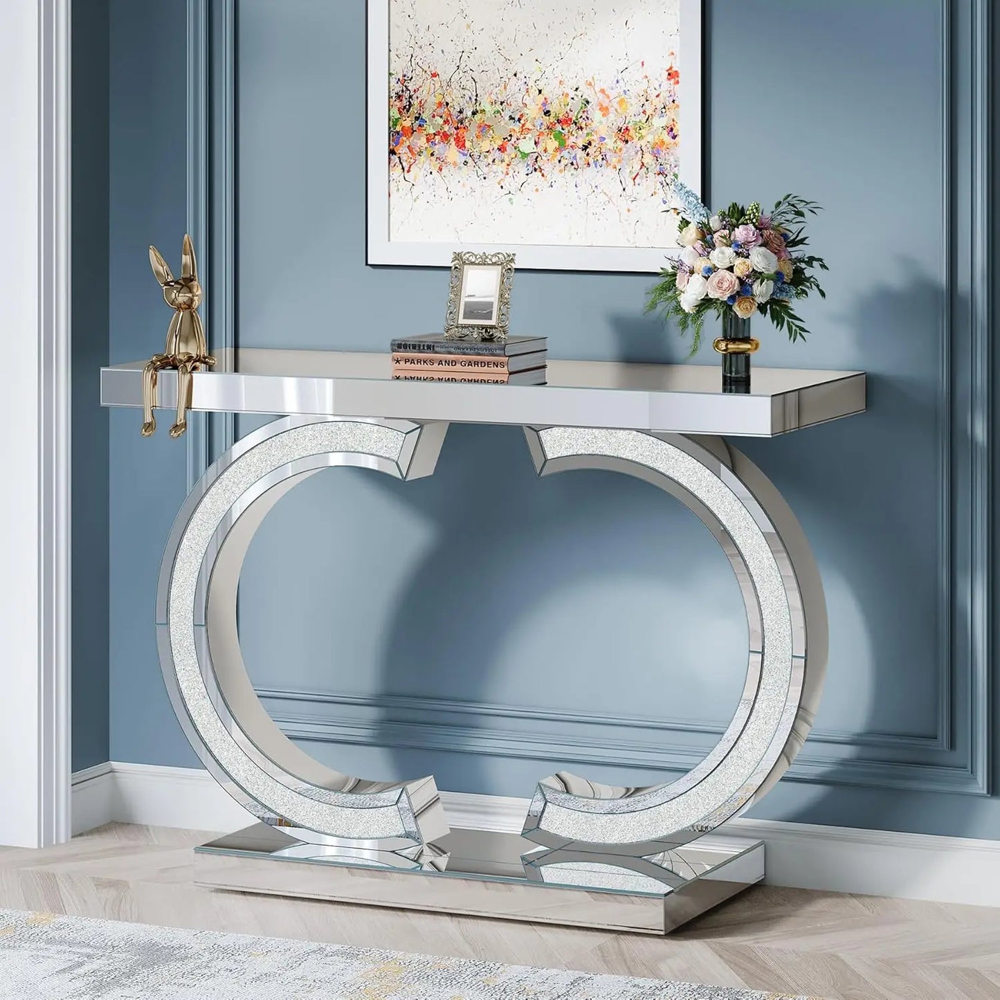 Mirror finished Console Table with O-Shaped Base, Great Entryway Table or Glass Sofa Table