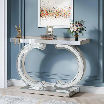 Mirror finished Console Table with O-Shaped Base, Great Entryway Table or Glass Sofa Table
