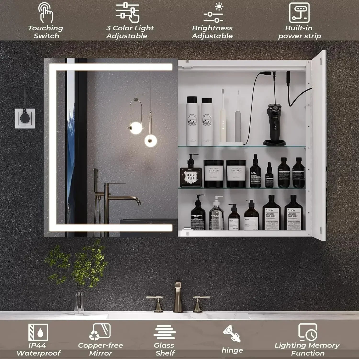 LED Lighted 2 Door Medicine Cabinet with Mirror and Storage