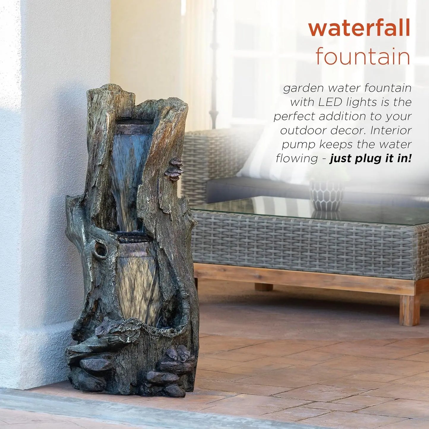 Outdoor Rainforest Tree Trunk Waterfall Floor Fountain with LED Lights, Garden Décor, 41" H, Brown
