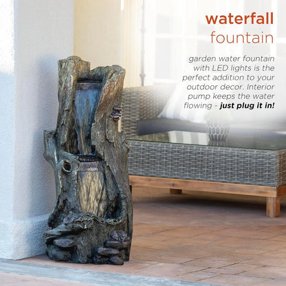 Outdoor Rainforest Tree Trunk Waterfall Floor Fountain with LED Lights, Garden Décor, 41" H, Brown