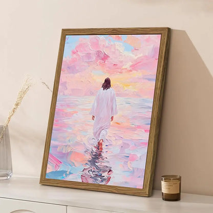 Jesus Walking On Water Wall Art, Frame 3D Textured Hand Drawn Sandstone Christian Wall Decor
