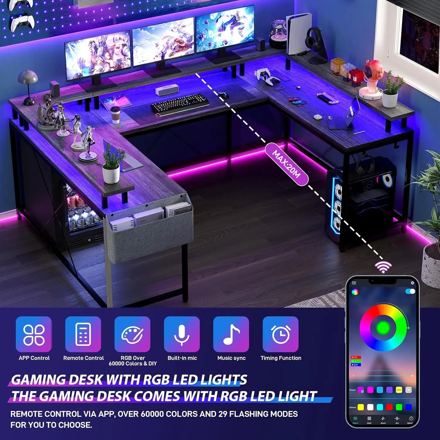 U Shaped Gaming Desk with Monitor Stand, Storage Shelves, and 2 Power Outlet Adjustable With RGB Color LED Light