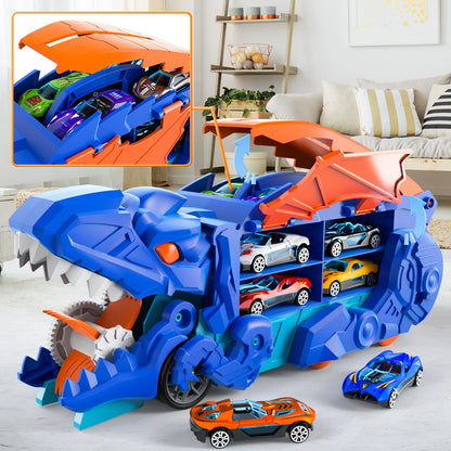 Blue Track Set Devour Dinosaur Transporter Truck With 10 Die-Cast Car Toys