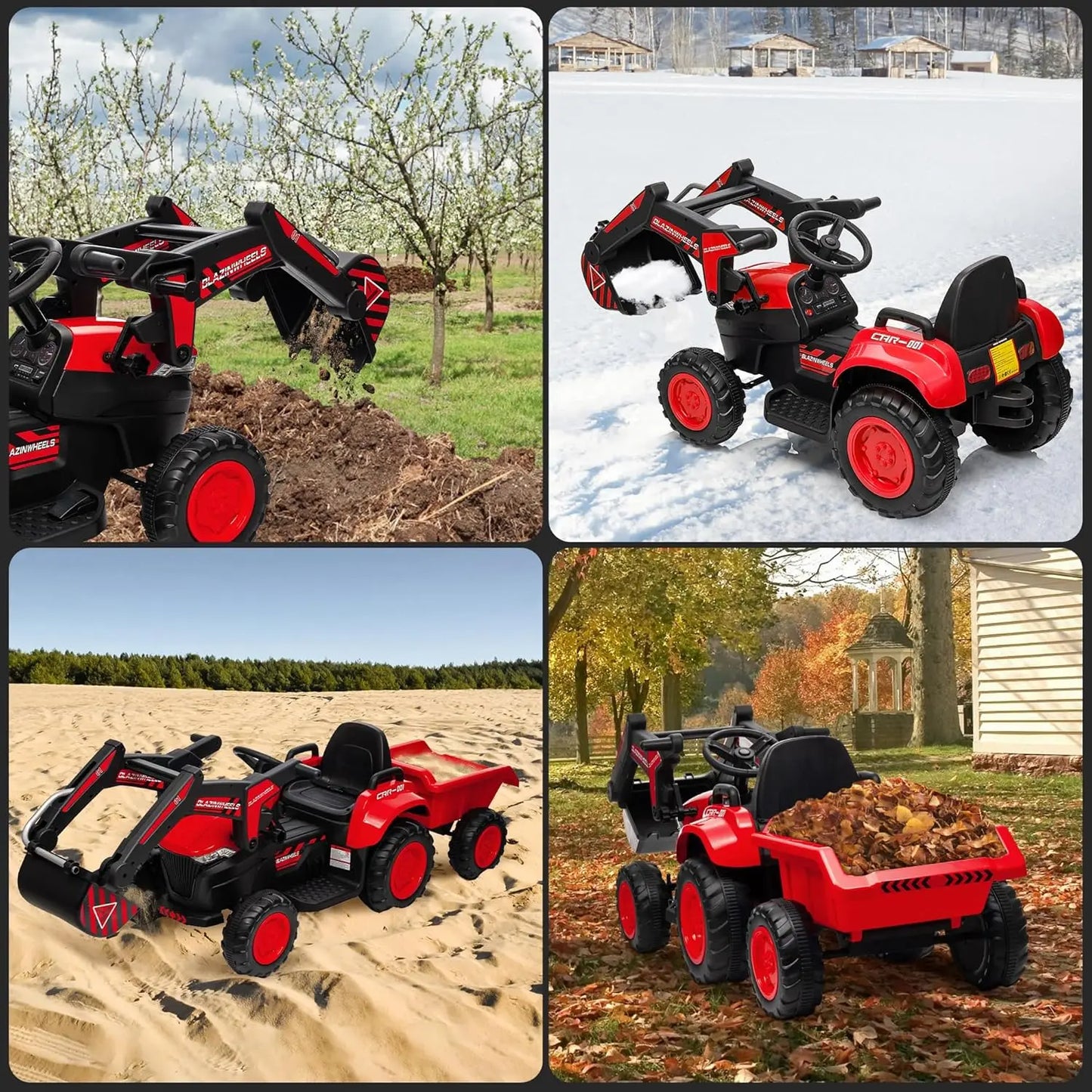 12V 3 in 1 Kids Ride On Excavator & Tractor with Detachable Trailer