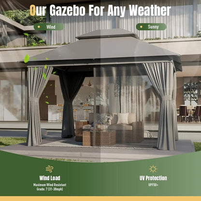 Outdoor Gazebo for Patio 10x12, Metal Frame Canopy with Double Roofs, Heavy Duty Party Tent and Shelter with Mosquito