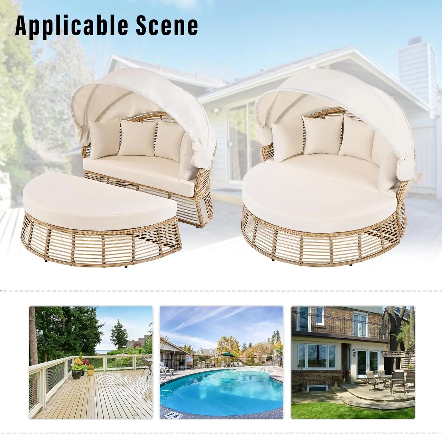 Round Outdoor Patio Rattan Daybed with Retractable Canopy Wicker Furniture Round Poolside Sofa Sunbed with Removable Cushions