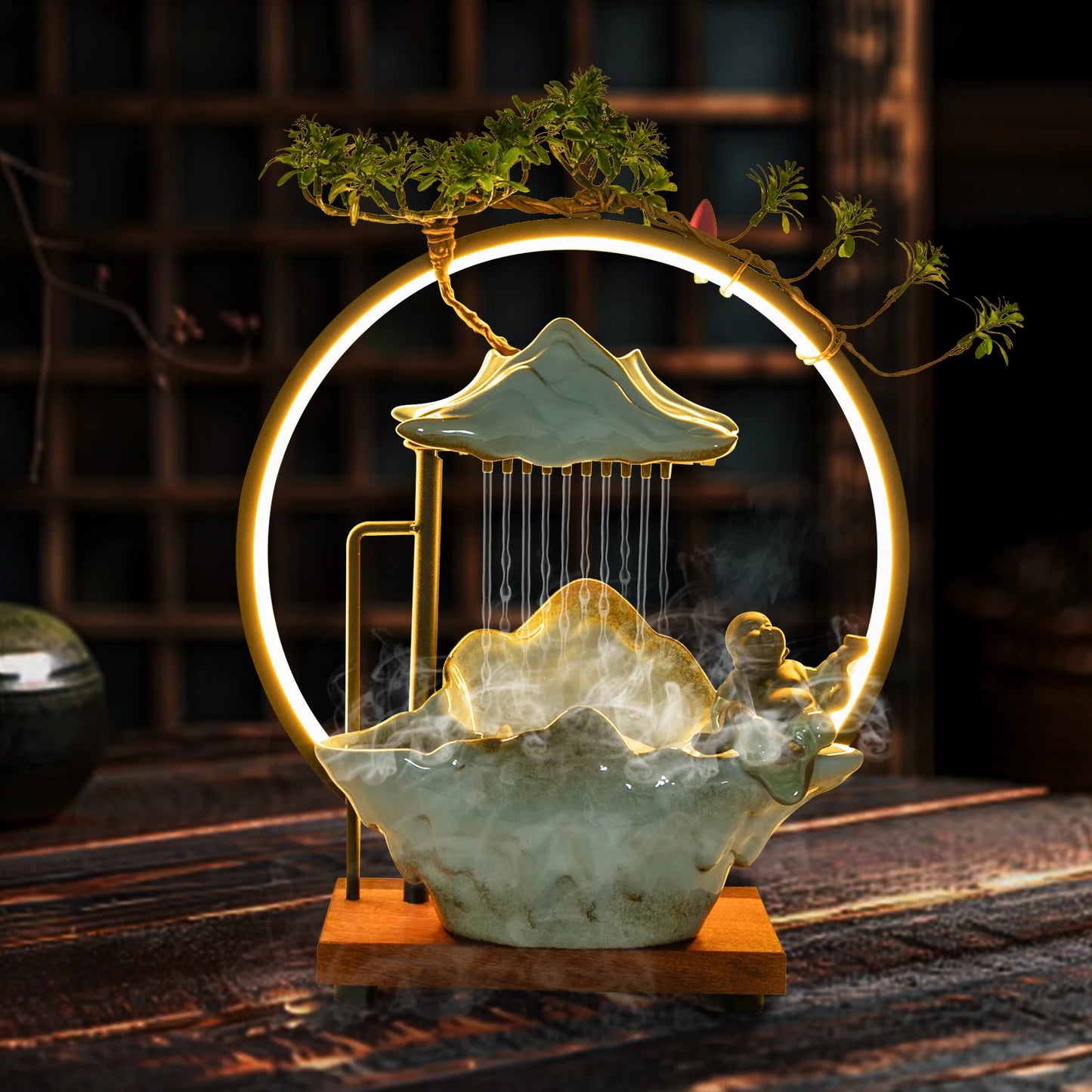 Tabletop Ceramic Fountain With Lights and Pump Free Standing 35*13*37cm for Living Room, or Office