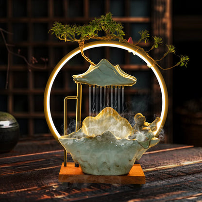 Tabletop Ceramic Fountain With Lights and Pump Free Standing 35*13*37cm for Living Room, or Office