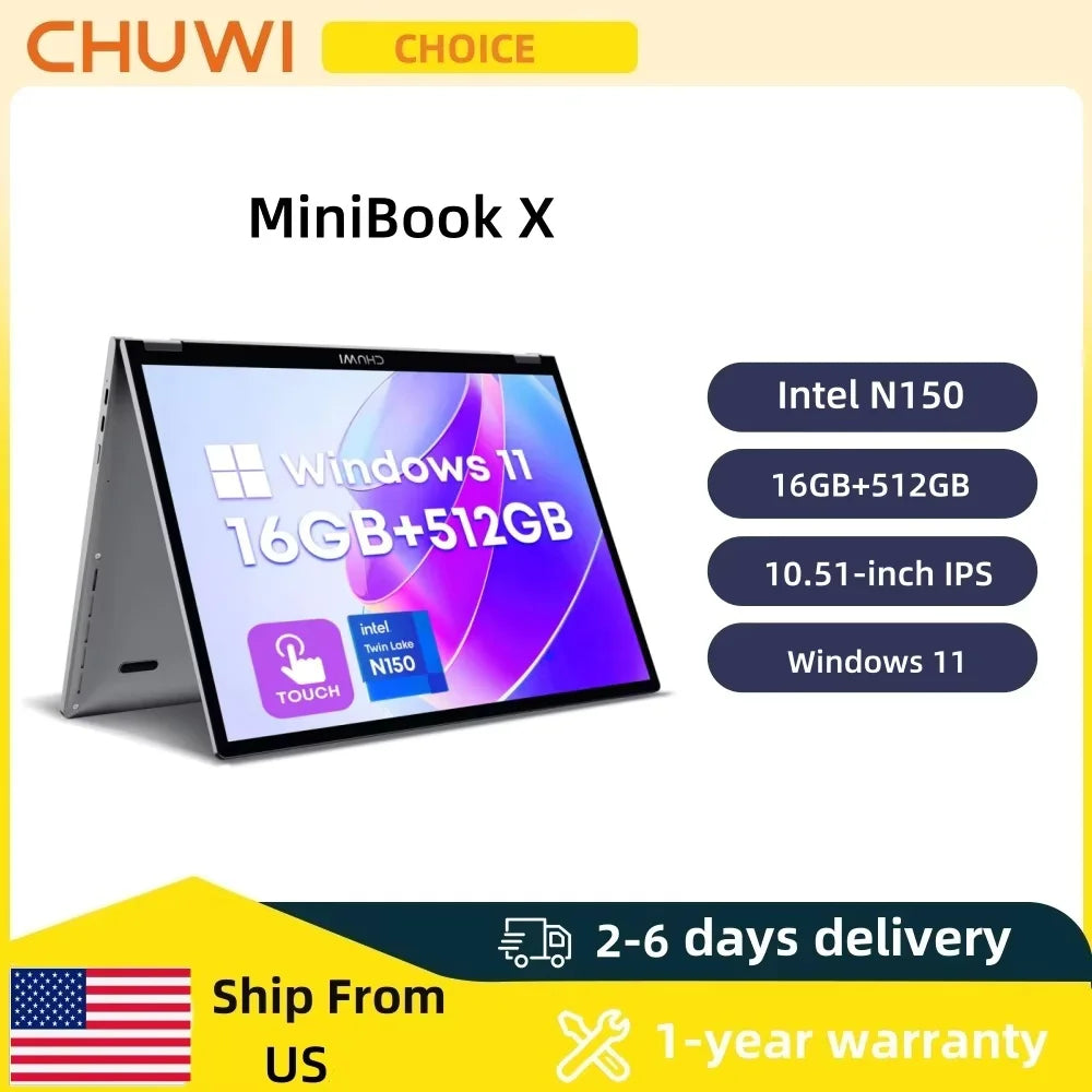 Mini-Book X 2 in 1 Laptop Intel N150(up to 3.6GHz) 512GB ROM 16GB LPDDR5 10.51" 1200x1920 FHD IPS Windows 11 Notebook