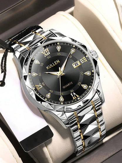Men's Blue Dial Roman Numeral Quartz Watch with Stainless Steel Band
