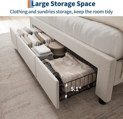 Queen Size Upholstered Platform Bed Frame with Storage Drawers