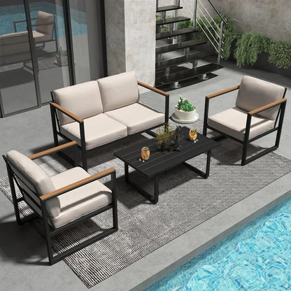 Outdoor Patio 4-Piece Set, Metal Conversation Sofa With Washable Cushions, 2 Chairs & Coffee Table For Garden Balcony
