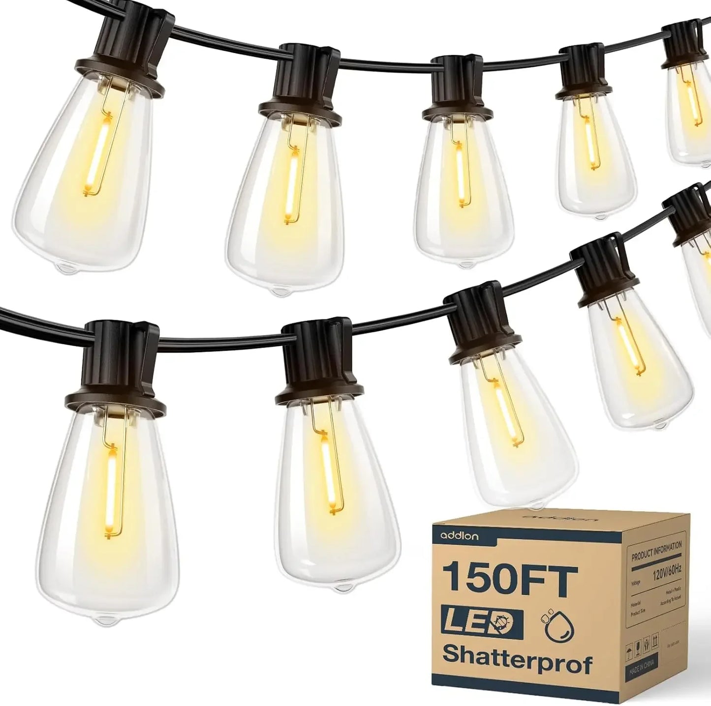 150FT LED Outdoor String Lights Waterproof, Shatterproof, Dimmable Patio Lights