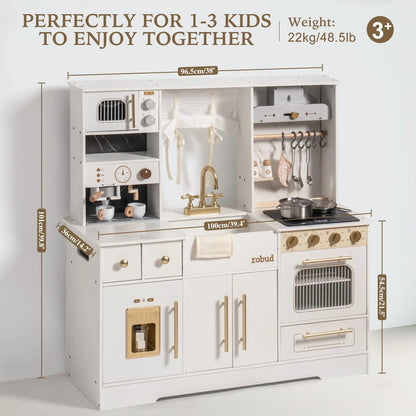 Wooden Play Kitchen with Wash basin, Cookware, Accessories, and Microwave.  Toy Kitchen Gift for Boys and Girls