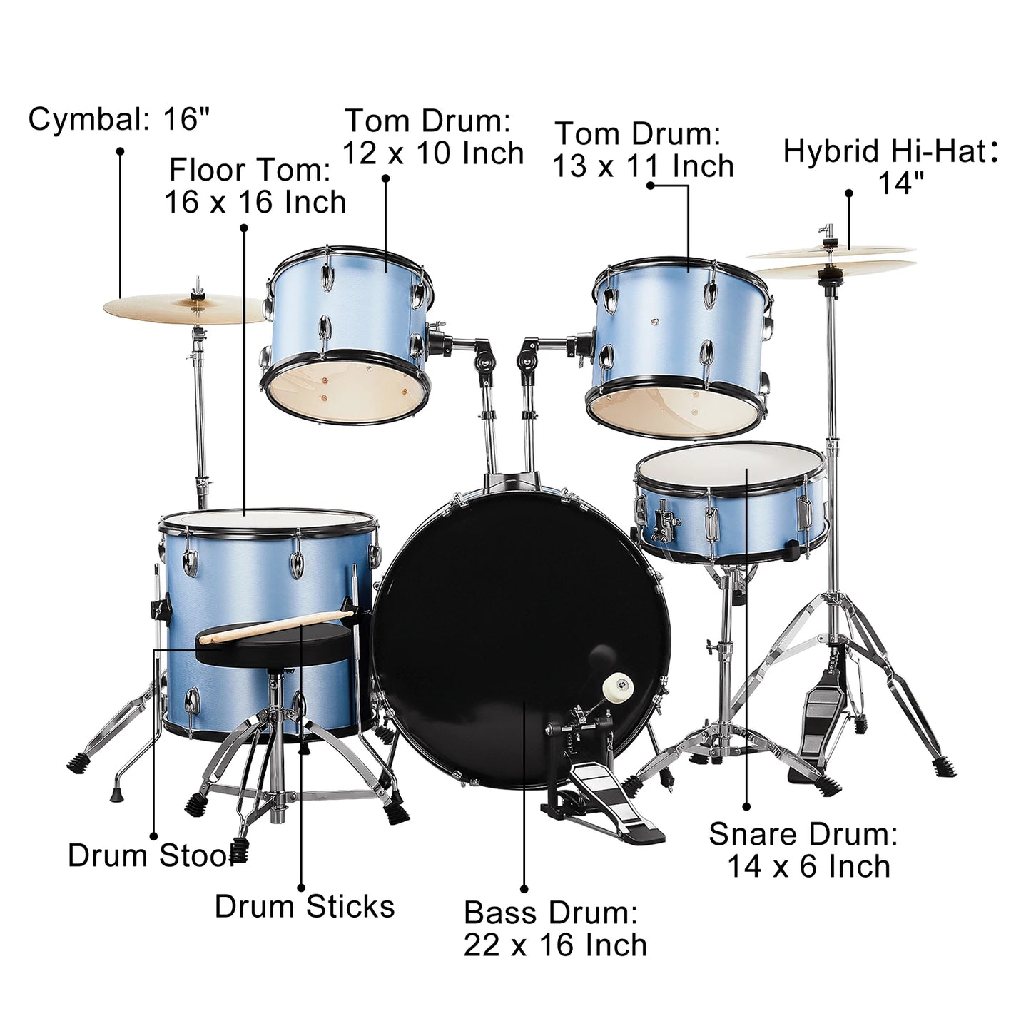 5-Piece Blue Full Size Adult Drum Set