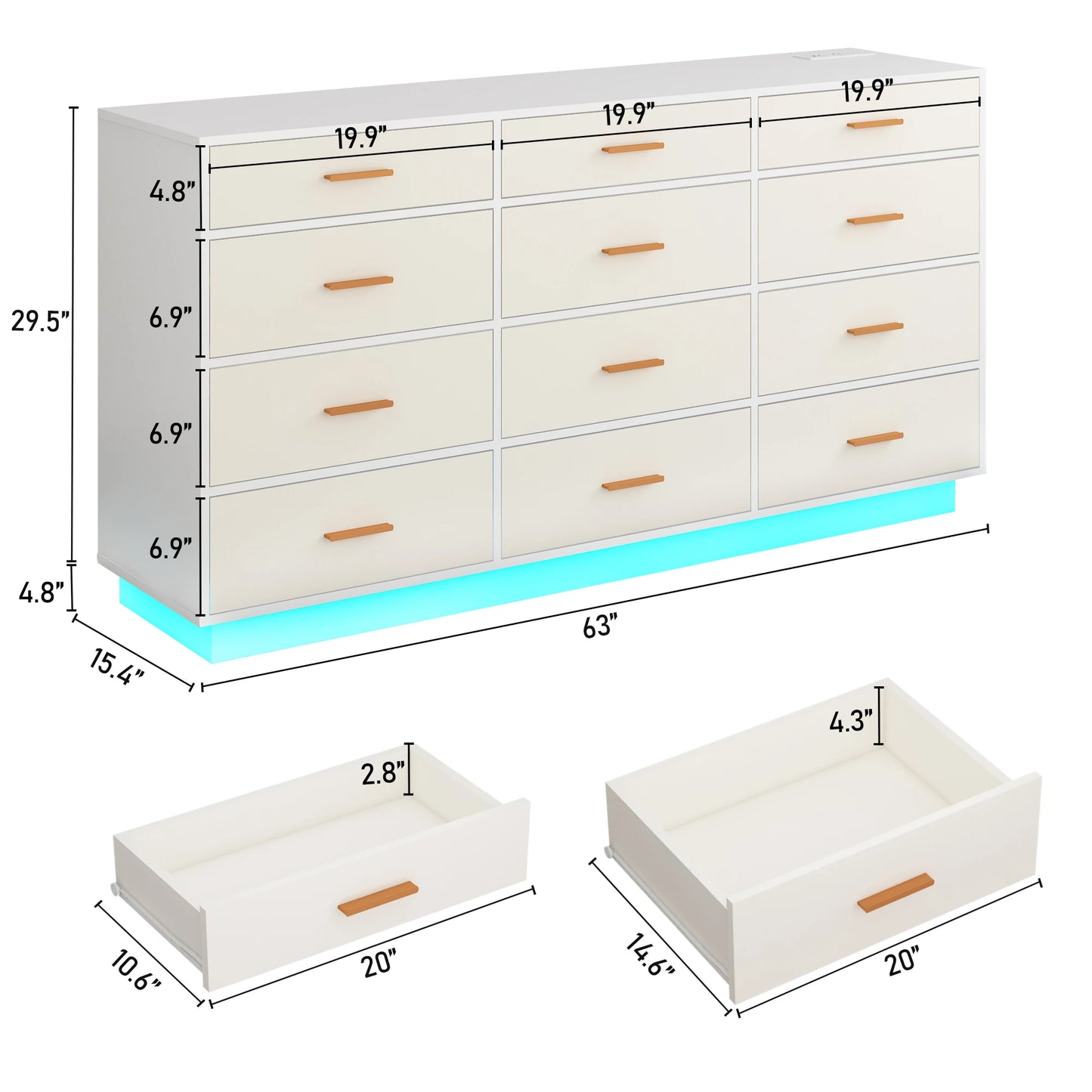 63 inch, 12 Drawer Dresser for Bedroom with Power Outlets & LED Lights