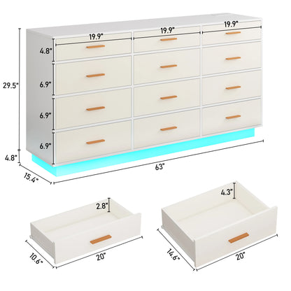 63 inch, 12 Drawer Dresser for Bedroom with Power Outlets & LED Lights