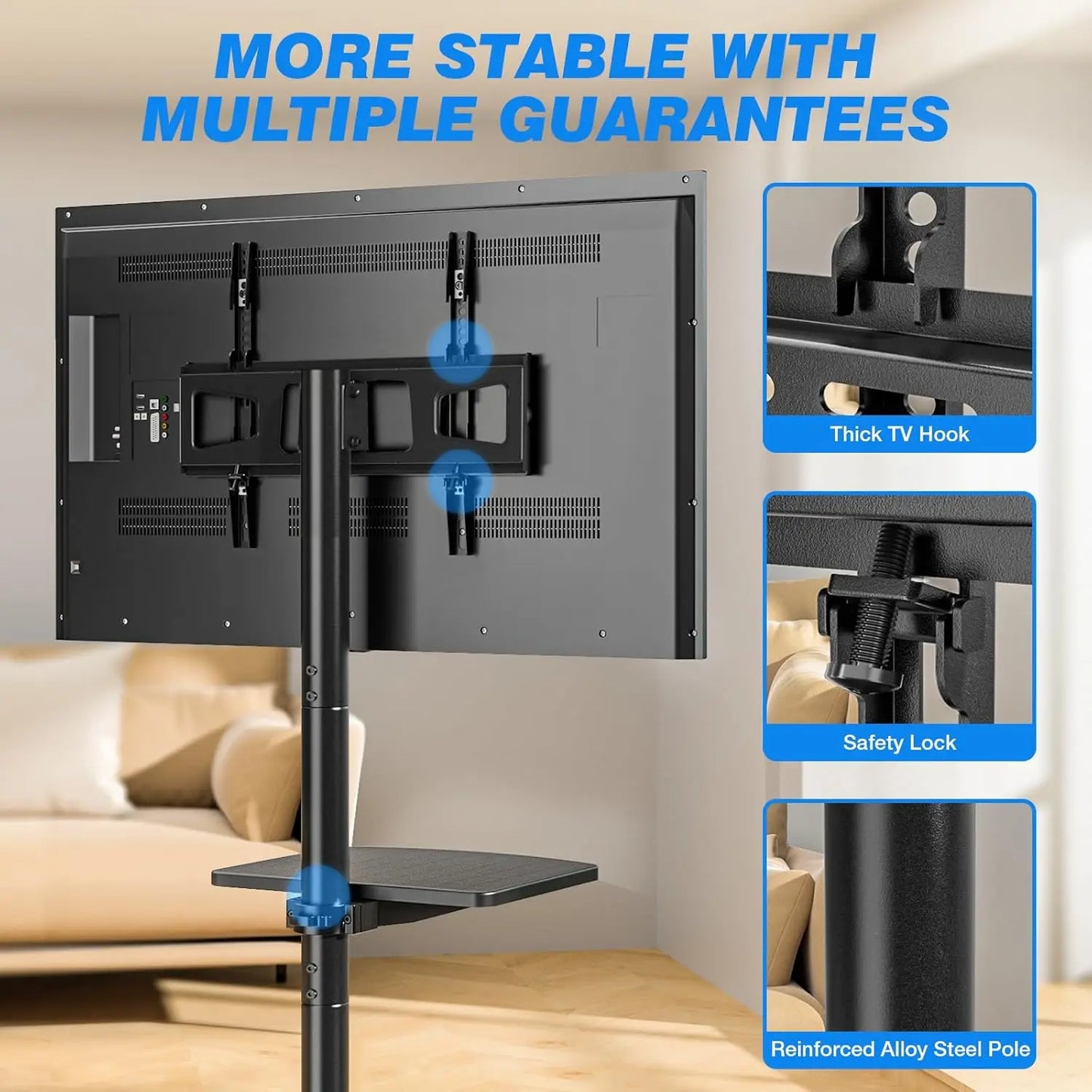 Universal Rolling TV Stand with Shelf for 23-65 inch TVs up to 88lbs, Adjustable Height & Tilt, Silent Wheels