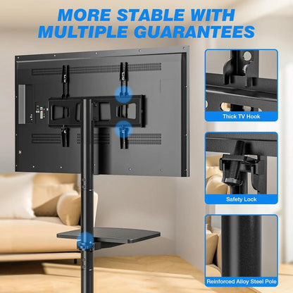 Universal Rolling TV Stand with Shelf for 23-65 inch TVs up to 88lbs, Adjustable Height & Tilt, Silent Wheels