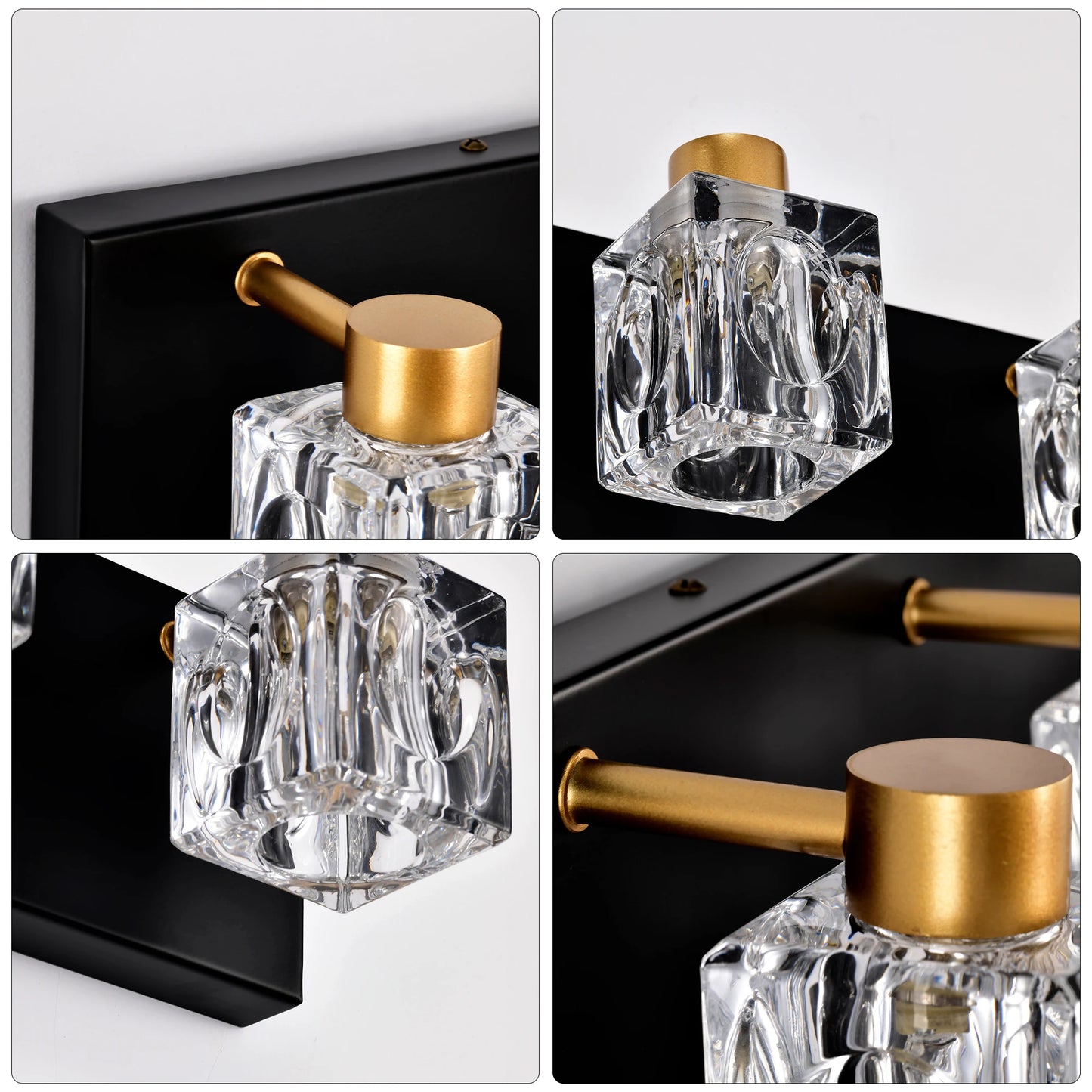 4-Light Matte Black + Gold Bathroom Light Fixtures, with Crystal Glass Shades