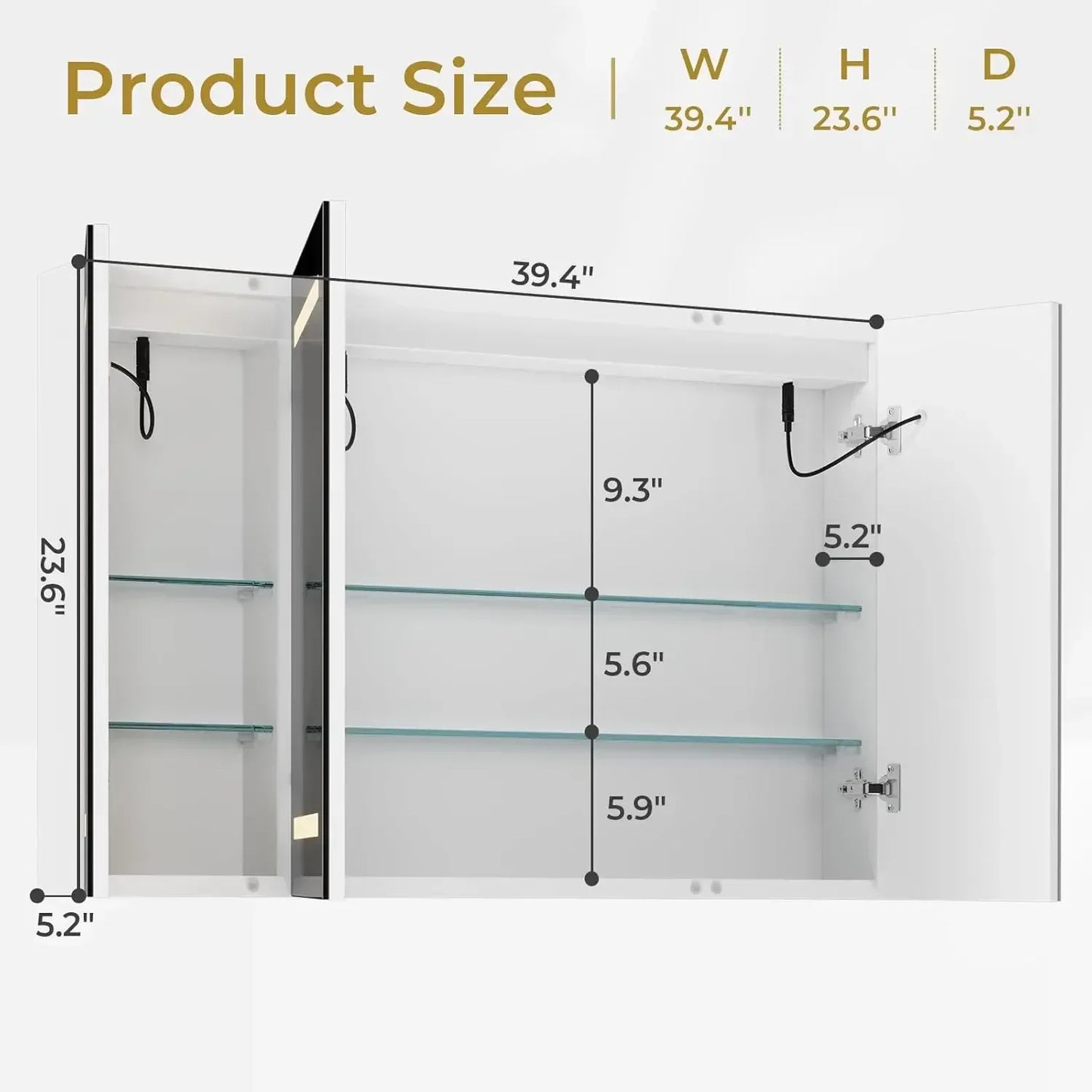 Lighted Medicine Cabinet with Mirror and Storage, 3 Doors, 39.4'' x 23.6''