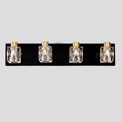 4-Light Matte Black + Gold Bathroom Light Fixtures, with Crystal Glass Shades