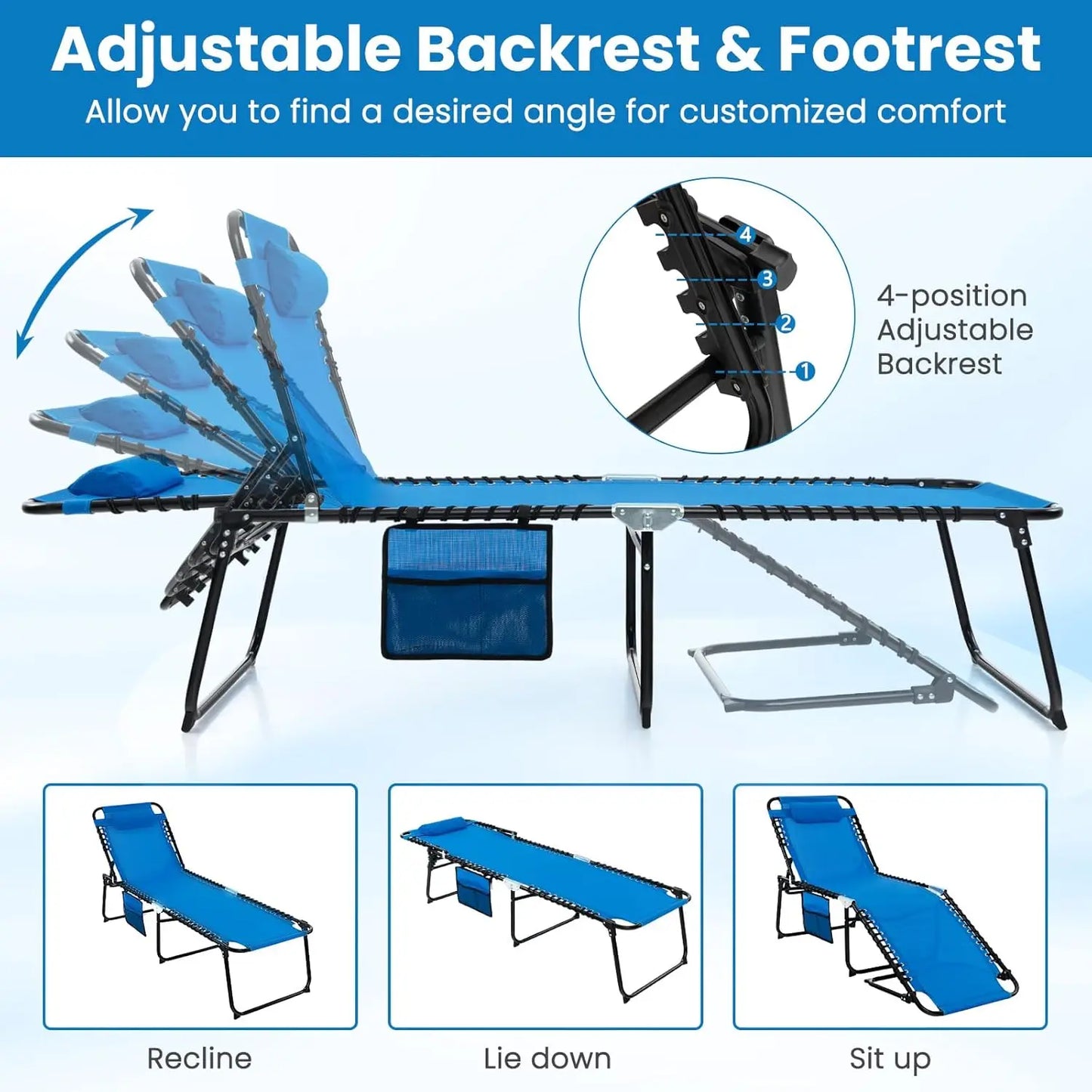 Lounge Chairs for Outside, Extra High Folding Beach Tanning Lounger with Adjustable Backrest, Customized