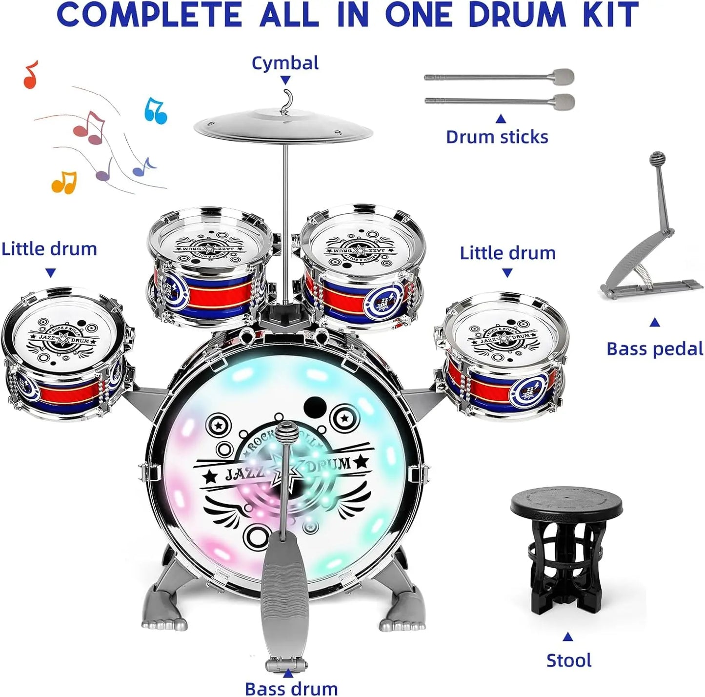 Mini Jazz Drum Set With 6 Drums and Stool