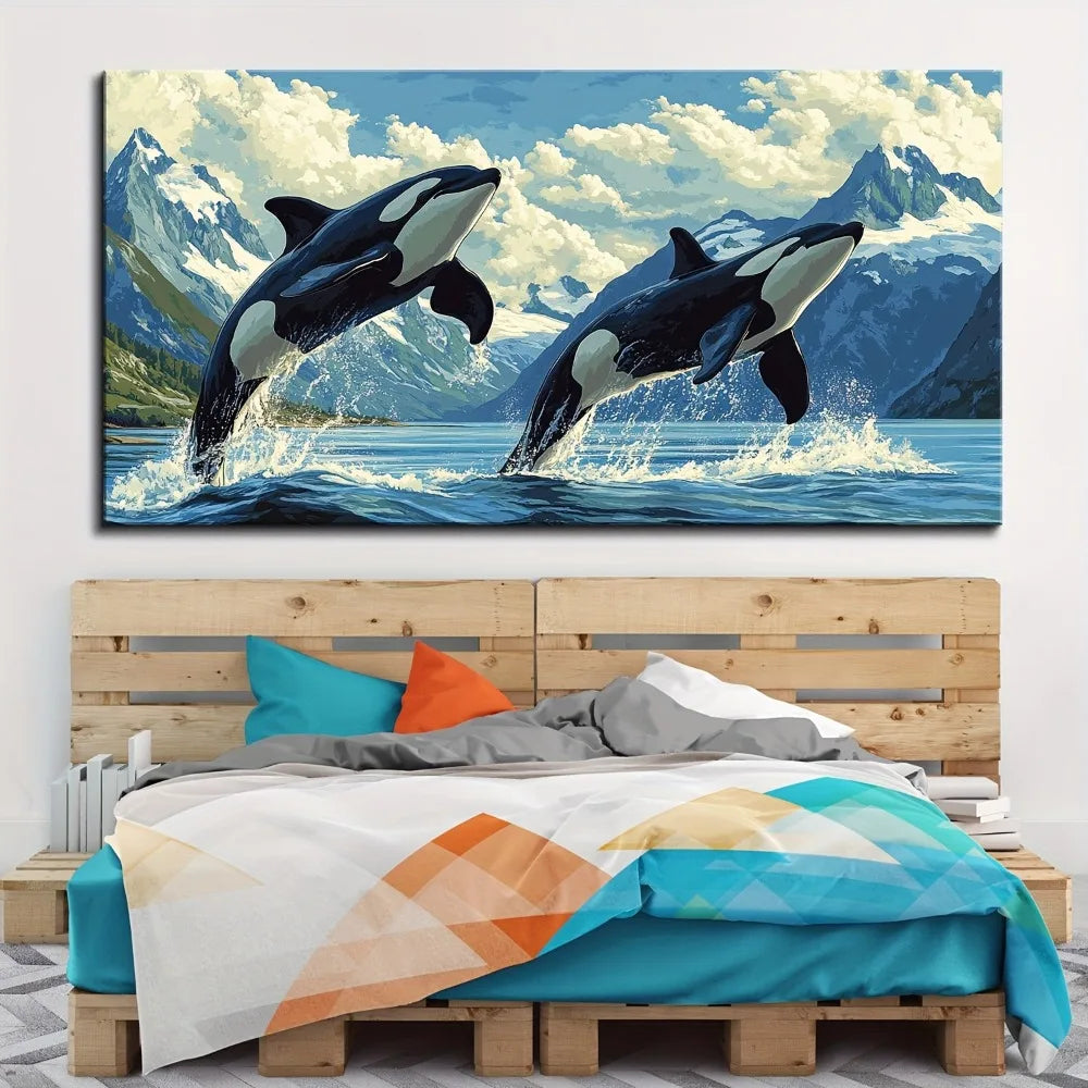 1.5 inch thick pine solid wood frame, hallway home living room decorated with suspense killer whale and the blue ocean
