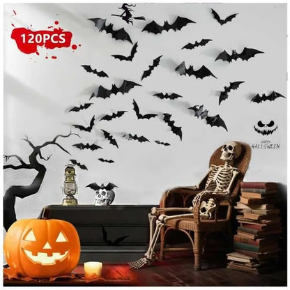 120pcs Halloween Bats Decorations for Outdoor and Indoor Use 3D Bat Stickers Ideal for Wall, Window, Home