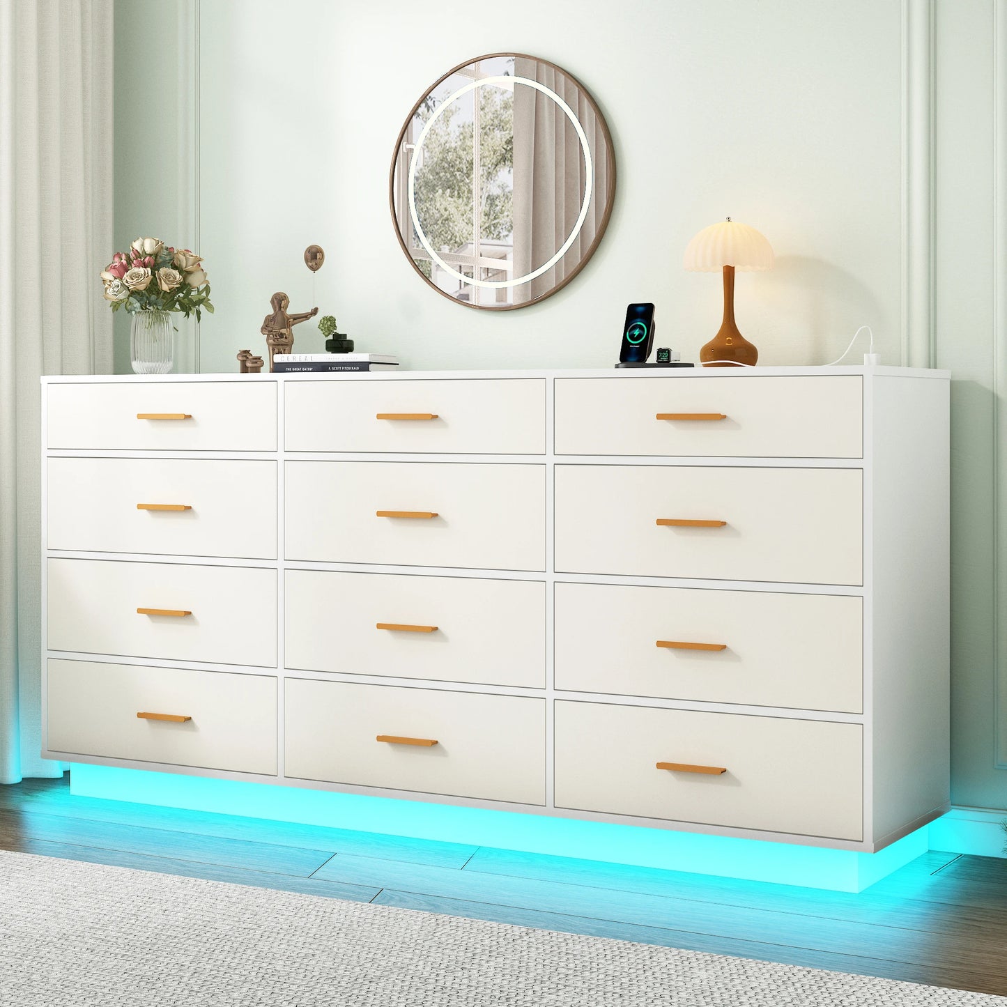 63 inch, 12 Drawer Dresser for Bedroom with Power Outlets & LED Lights