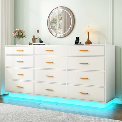 63 inch, 12 Drawer Dresser for Bedroom with Power Outlets & LED Lights