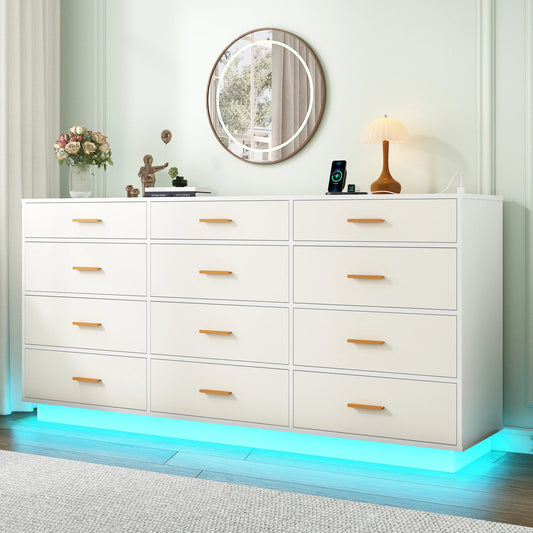 63 inch, 12 Drawer Dresser for Bedroom with Power Outlets & LED Lights