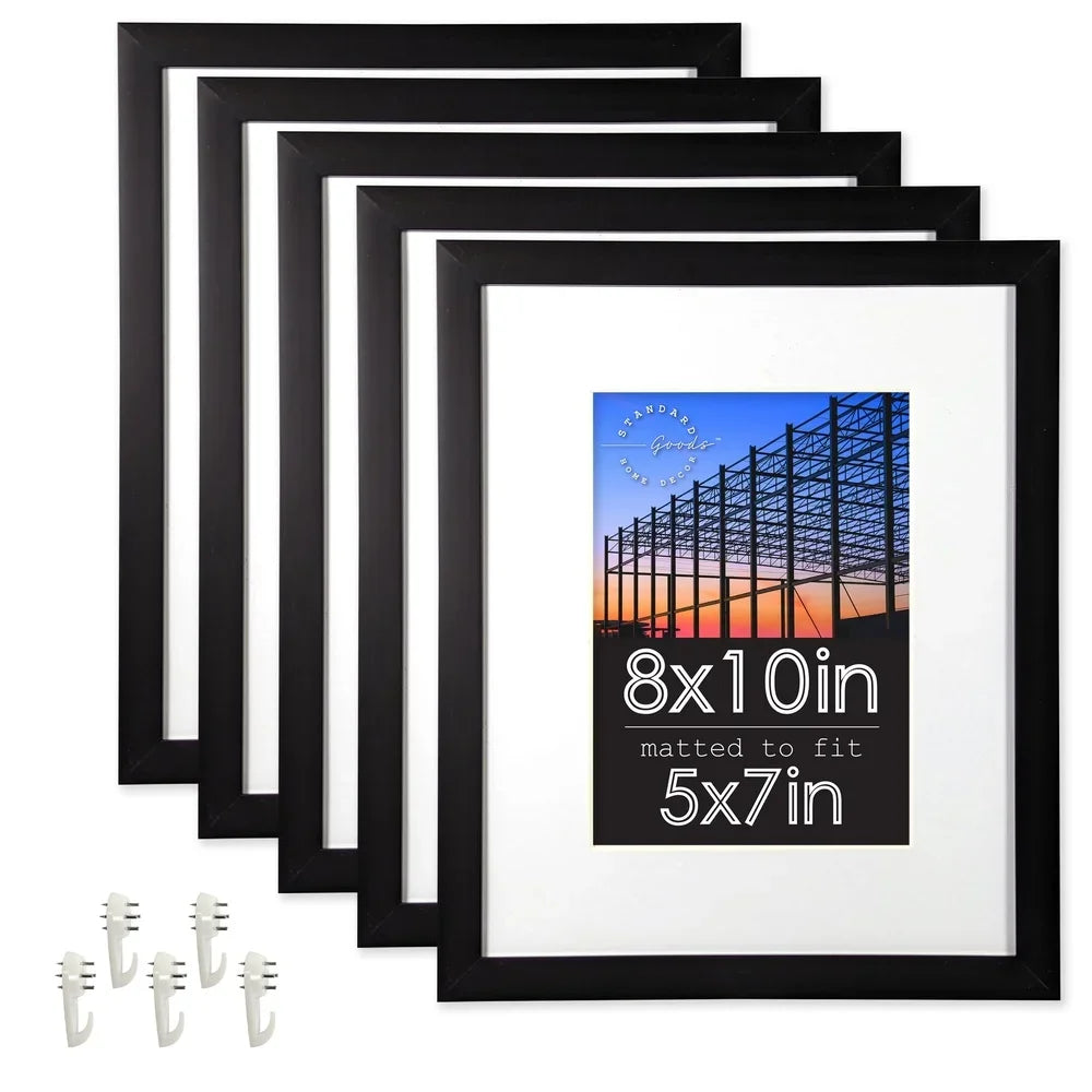 5-Pack Matted Black Picture Frames in 5x7 or 8x10 Tabletop or Wall Displays