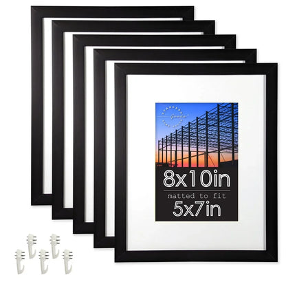 5-Pack Matted Black Picture Frames in 5x7 or 8x10 Tabletop or Wall Displays
