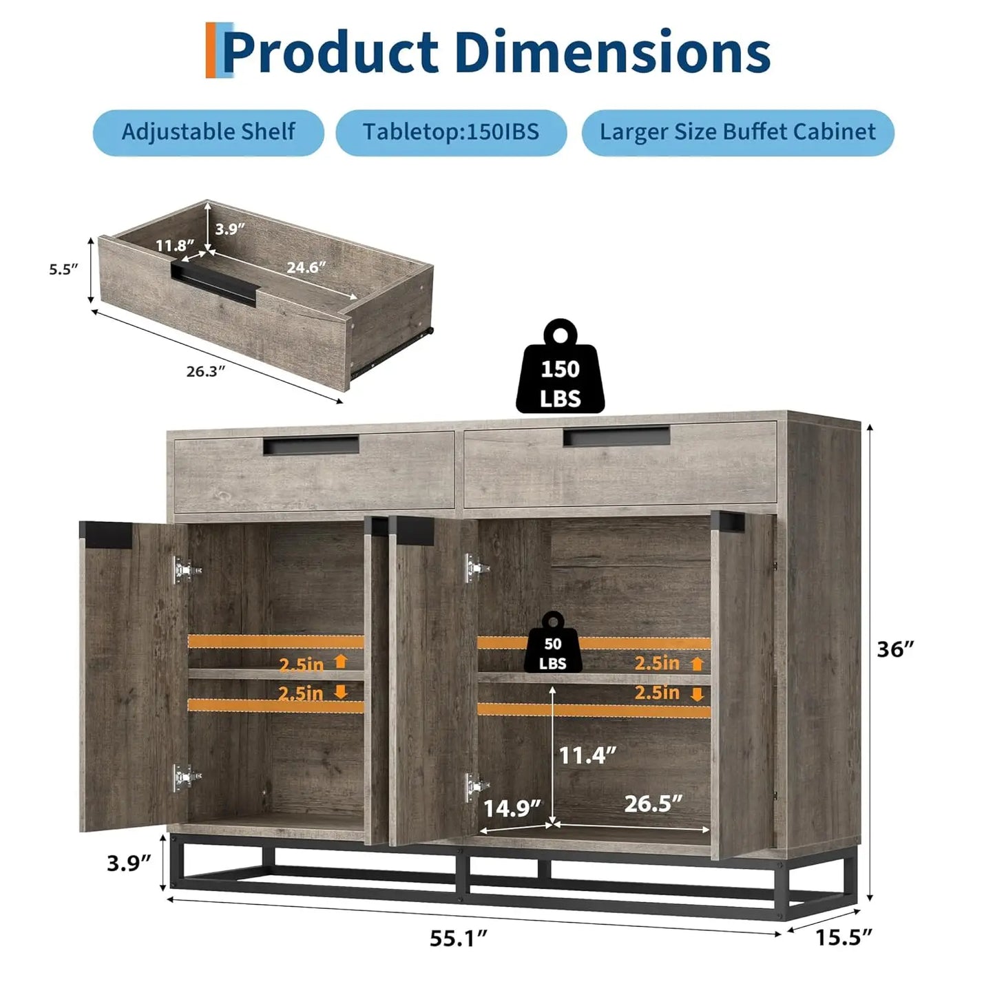 55" Buffet Cabinet with Storage, 2 Drawers and 4 Doors