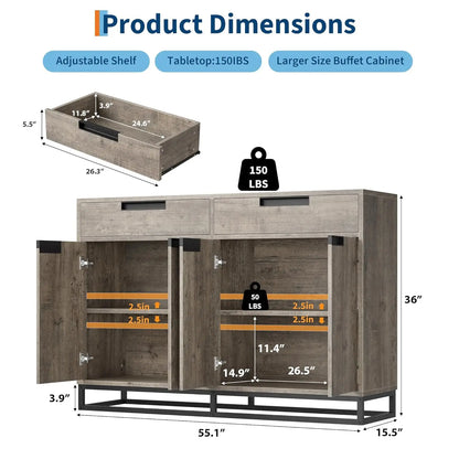 55" Buffet Cabinet with Storage, 2 Drawers and 4 Doors