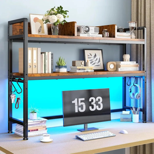 45.2" Desk Shelf with LED Lights and Hooks, 2-Tier Adjustable Multipurpose Solid Wood Desk Hutch Dorm, Desktop