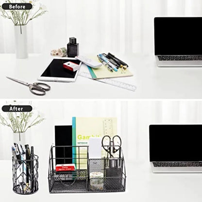 Black Desk Organizer and Accessories Office Set Stapler, Pen Holder, Phone Holder, Scissors, Pen, Ruler, 30 Paper Clips
