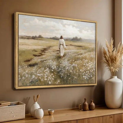 Jesus Walking In Field Painting - Rustic Christian Wall Decor Picture for Living Room Bedroom Home Office Church