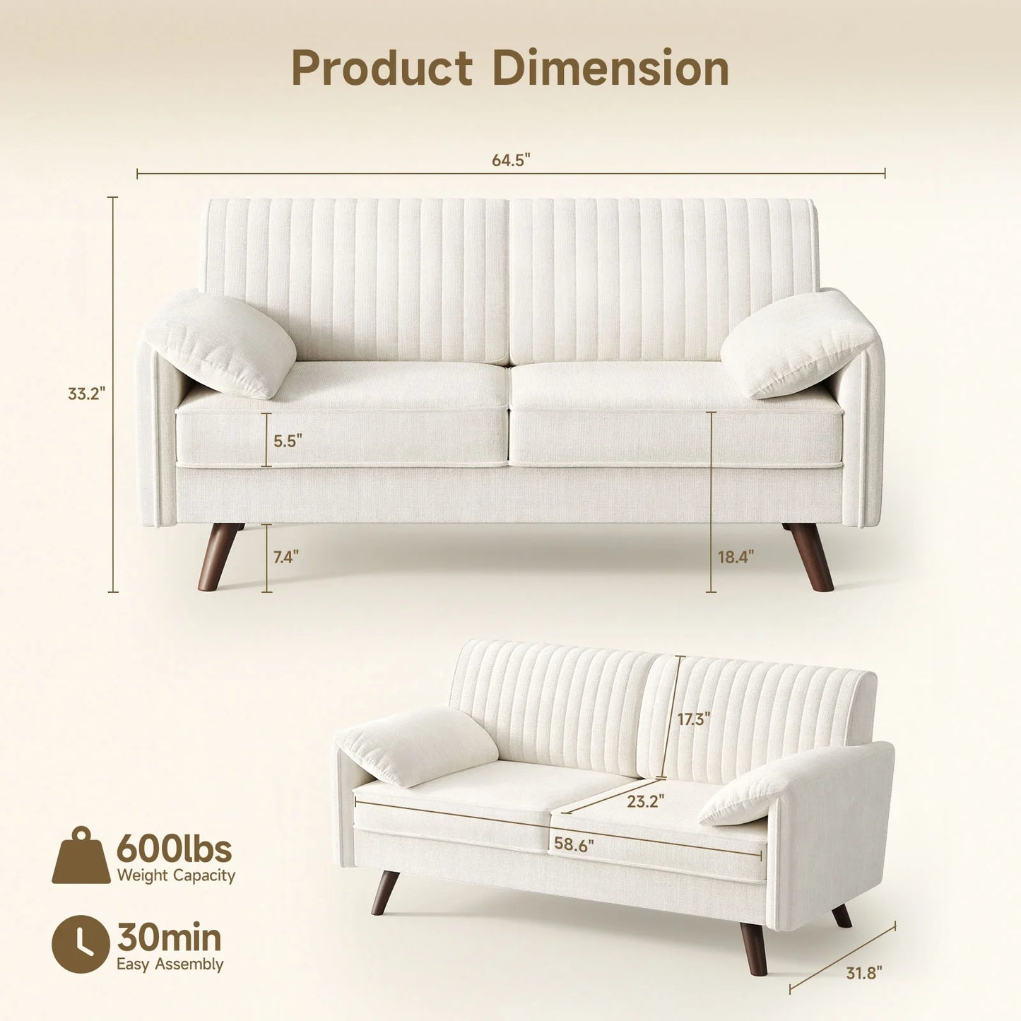 64.5" Loveseat Sofa, Chenille Covered Loveseat for Living Room and Small Spaces