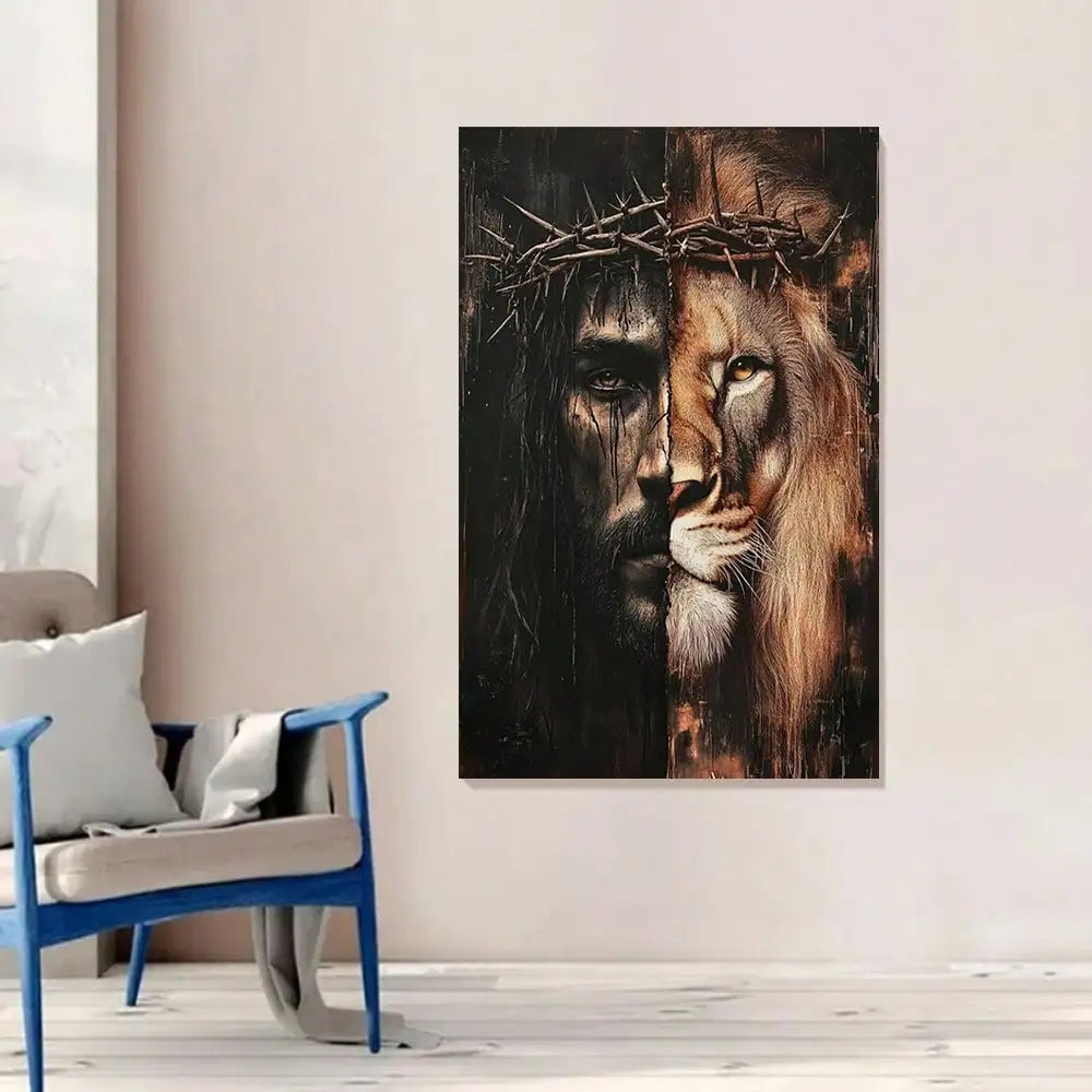 Jesus And Lion Framed Canvas Wall Art