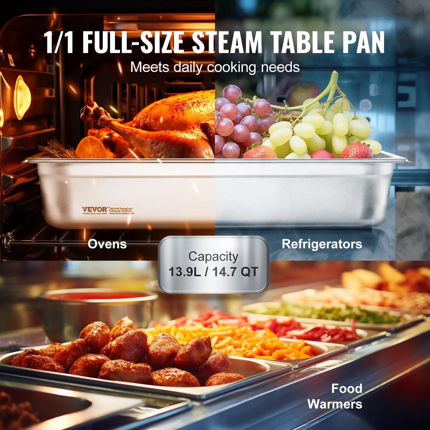 4Pack Hotel Pans Full Size Anti-Jam Steam Pan with Lid Stainless Steel Steam Table Pan 4-Inch Deep