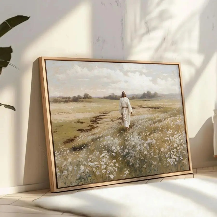 Jesus Walking In Field Painting - Rustic Christian Wall Decor Picture for Living Room Bedroom Home Office Church
