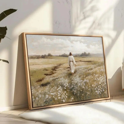 Jesus Walking In Field Painting - Rustic Christian Wall Decor Picture for Living Room Bedroom Home Office Church