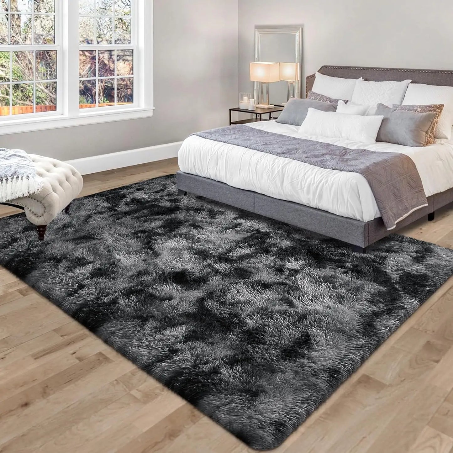 Soft Area Non-Slip Rugs for Living Room; Thick Plush Carpets Tie-Dyed Dark Gray Fluffy Artificial Velvet Soft Carpets