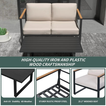 Outdoor Patio 4-Piece Set, Metal Conversation Sofa With Washable Cushions, 2 Chairs & Coffee Table For Garden Balcony